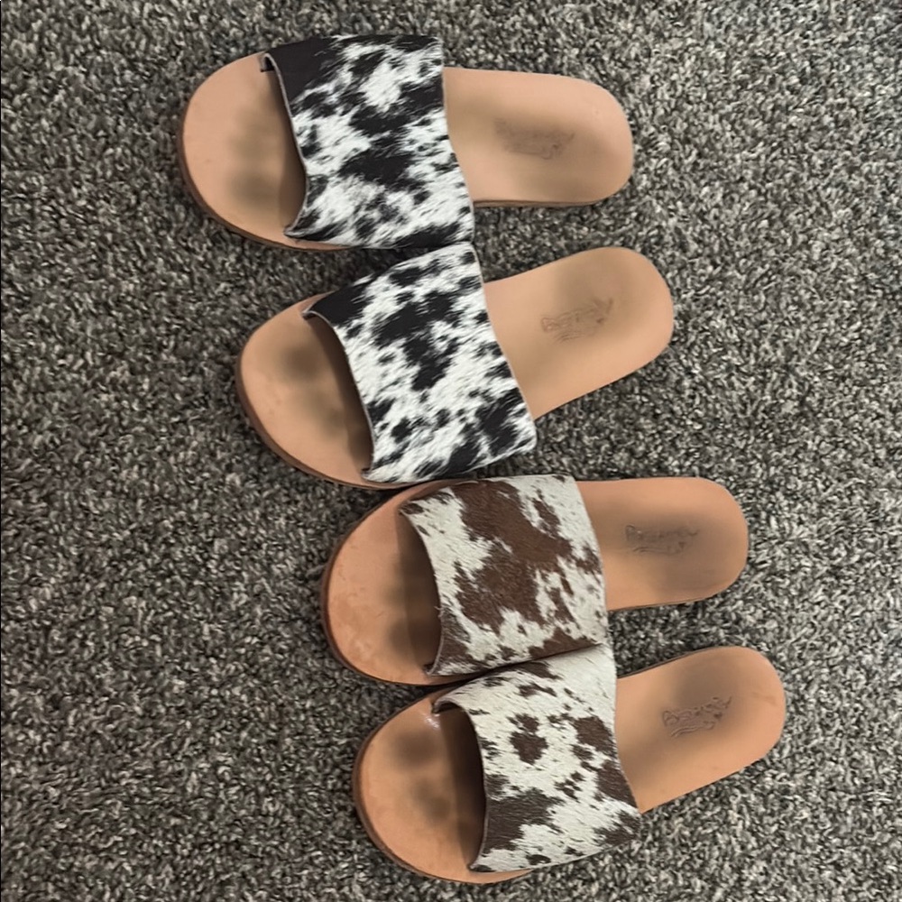 Cow Print Slide Sandals Agave Sky cowhide